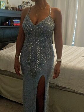 Primavera Couture Sparkling Light Blue Beaded Maxi Gown